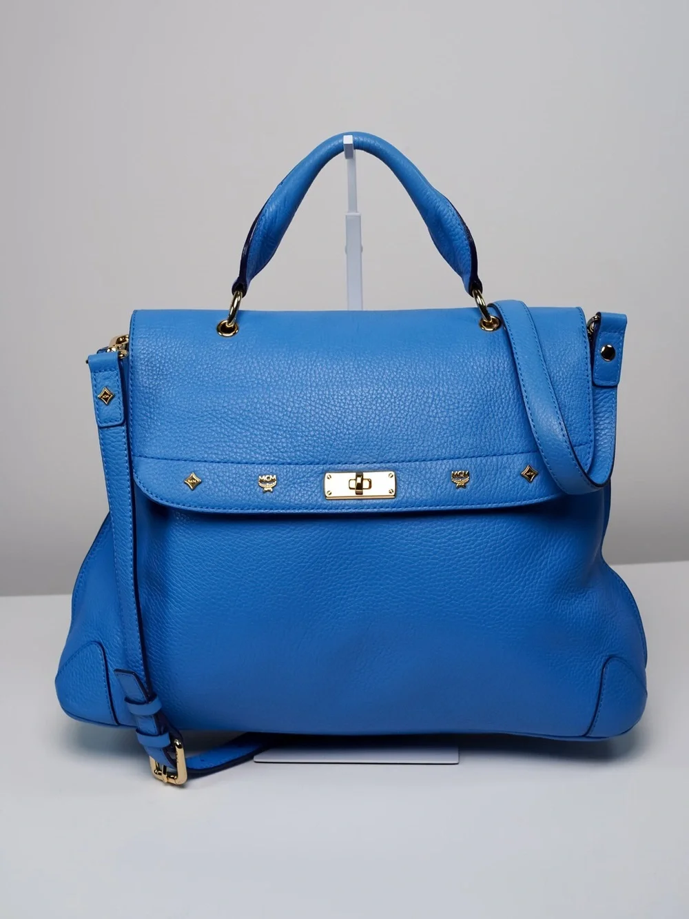 MCM First Lady Large Royal Blue Pebbled Leather Satchel Shoulder Bag